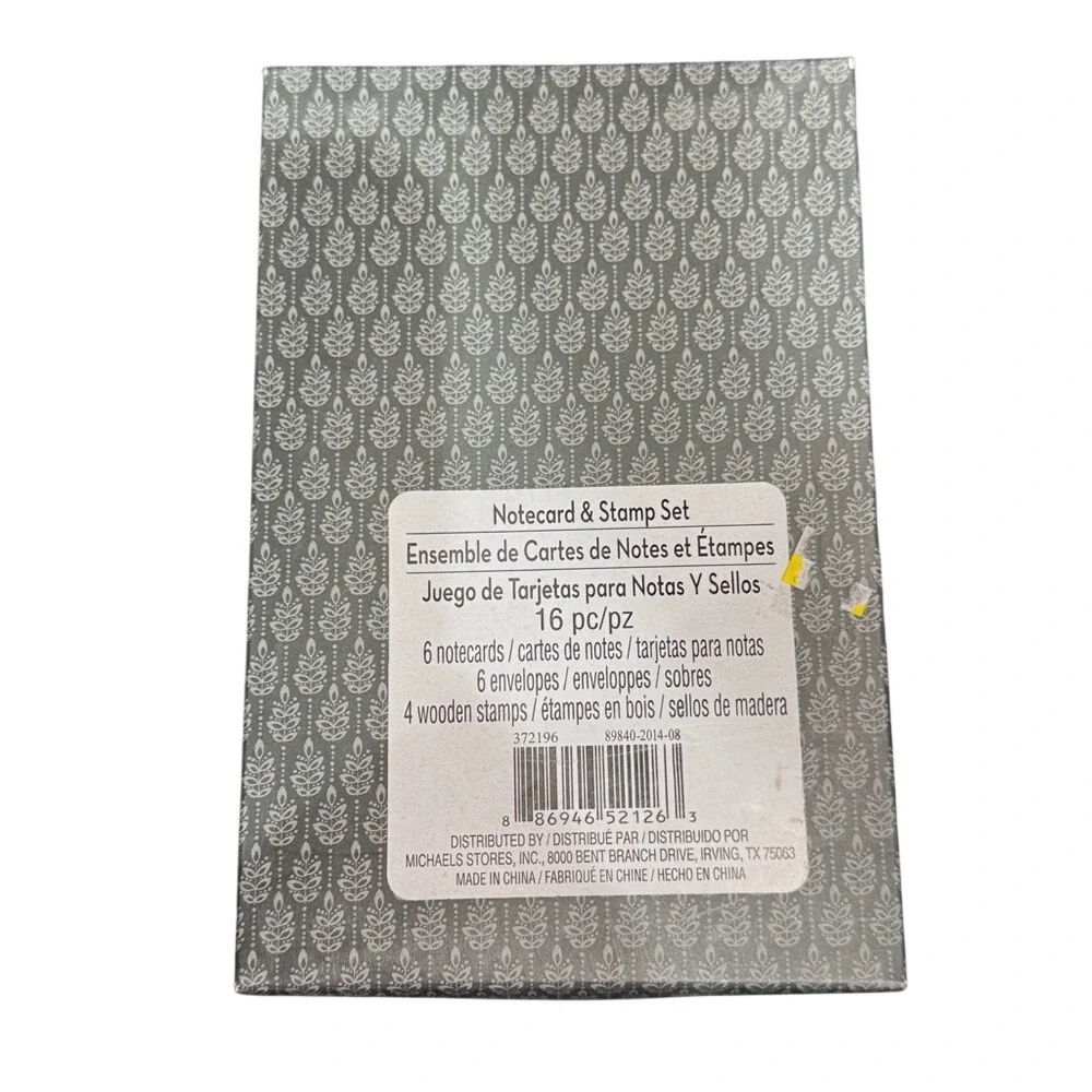 Michaels Notecard and Stamp Set 16pc Pink Ikat‎ Cards Envelopes Wooden Stamps
